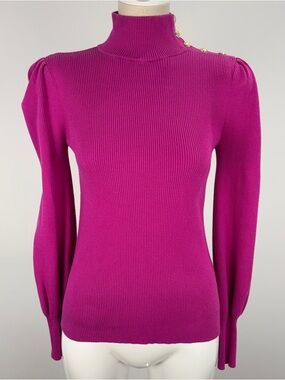 Lauren Ralph Lauren Pink Ribbed Mock Neck Sweater with Gold Detail S